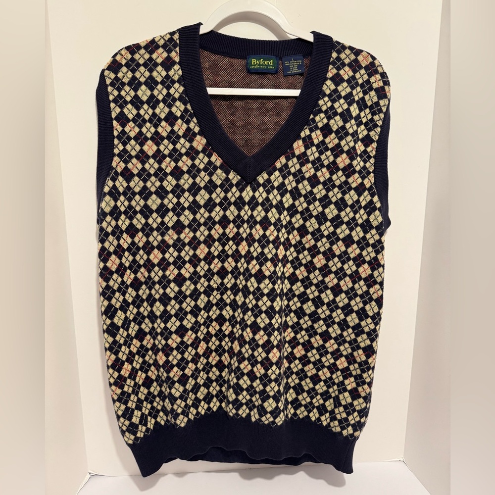 Vintage Byford London New York Argyle Print V Neck Sweater Vest Men’s Size L